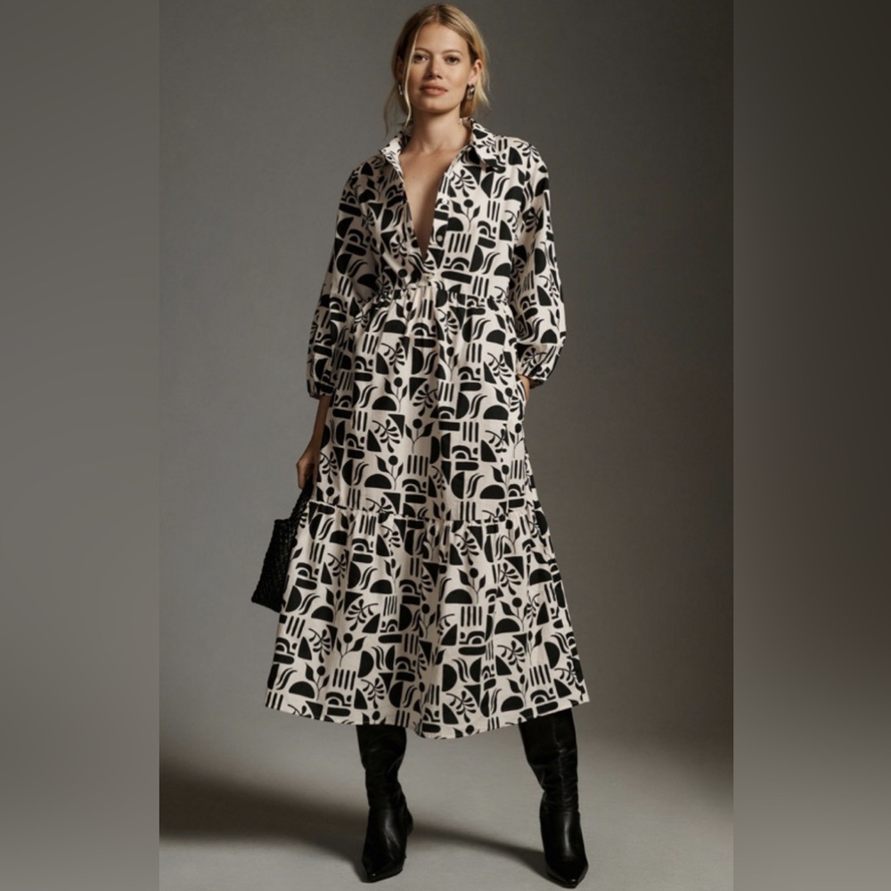 Anthropologie | Maeve Bettina tiered shirt dress in black motif size small